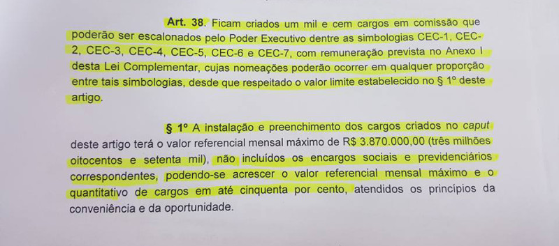 Trecho do projeto encaminhado pelo Executivo