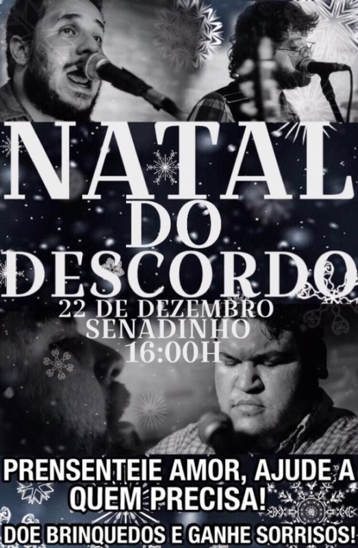 A banda acreana Os Descordantes realiza o “Natal do Descordo” no dia 22, às 16 horas, no Senadinho. A proposta é arrecadar roupas e brinquedos para serem doados às crianças na noite de Natal. 