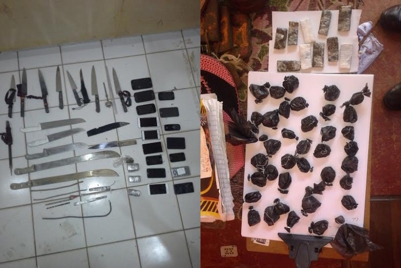 Foram apreendidos celulares, armas e drogas