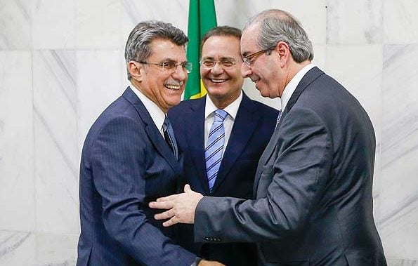 Os senadores Romero Jucá e Renan Calheiros com o deputado afastado Eduardo Cunha