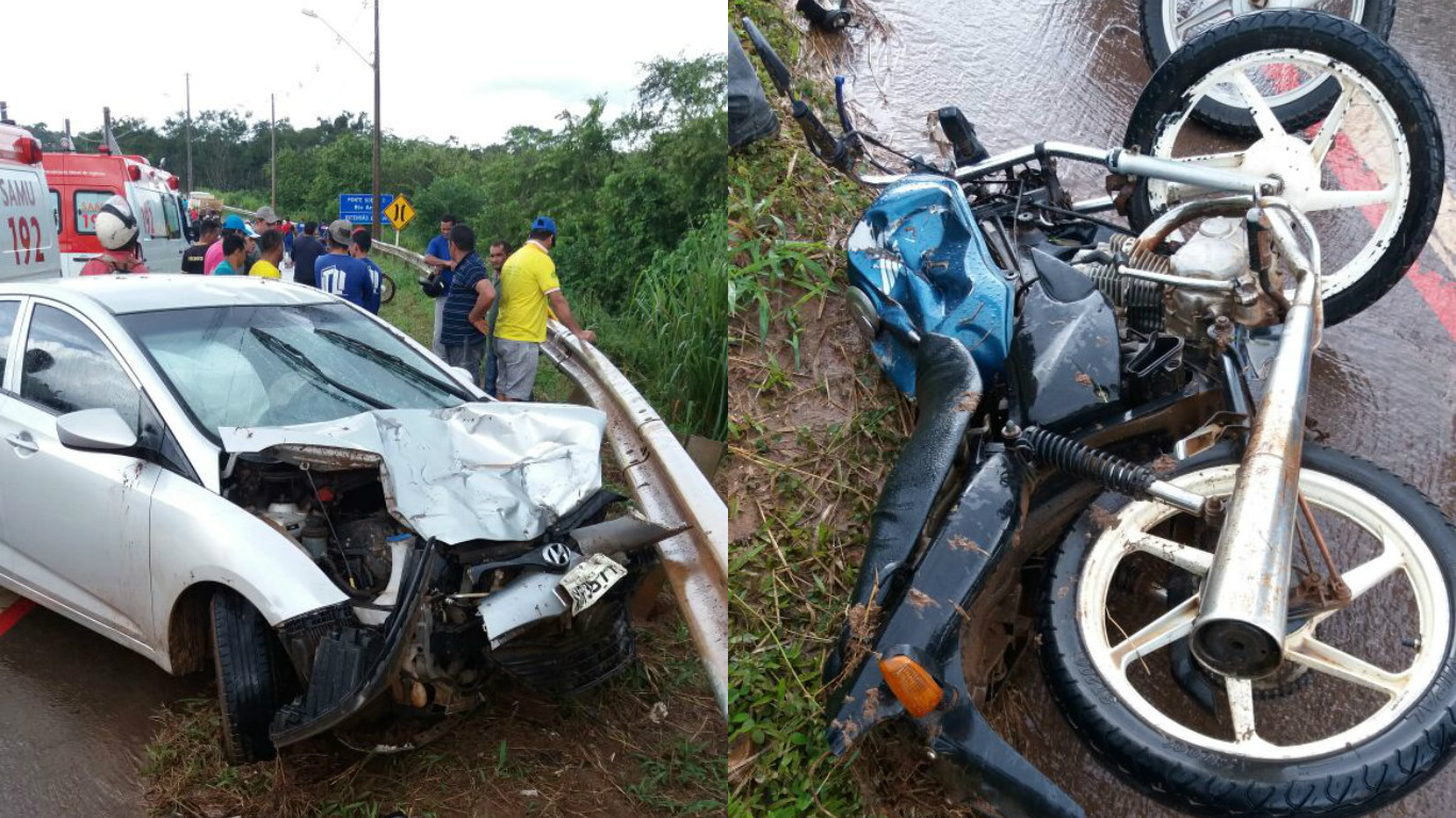 Em pista molhada, motorista perde o controle de veículo e acaba atingindo motociclista na Via Verde