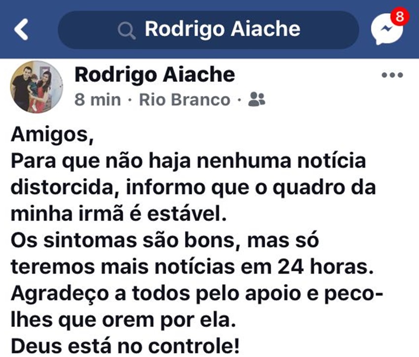 Irmão de jovem que tentou suicídio na Chácara Ipê pede orações pelo Facebook