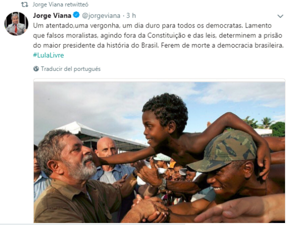 Nas redes sociais Jorge e Tião Viana, repudiam ordem de prisão contra Lula