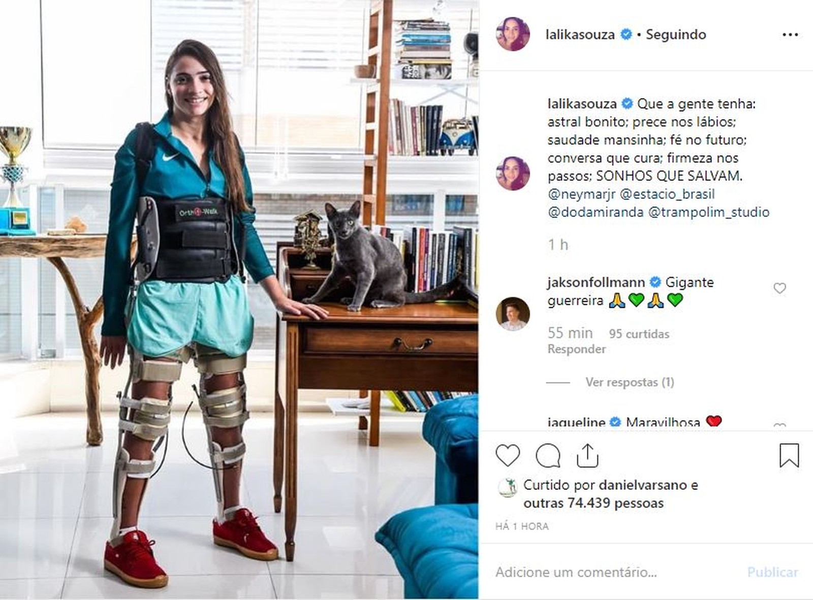 Laís Souza posta foto em pé com ajuda de aparelho e diz: “Sonhos que salvam”