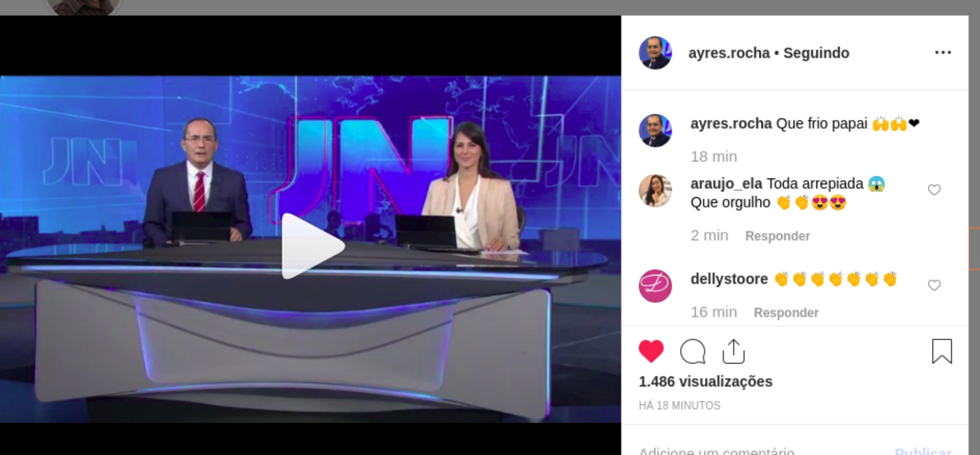 Ayres Rocha já está na bancada do JN e publica chamada do programa: “Que frio papai”