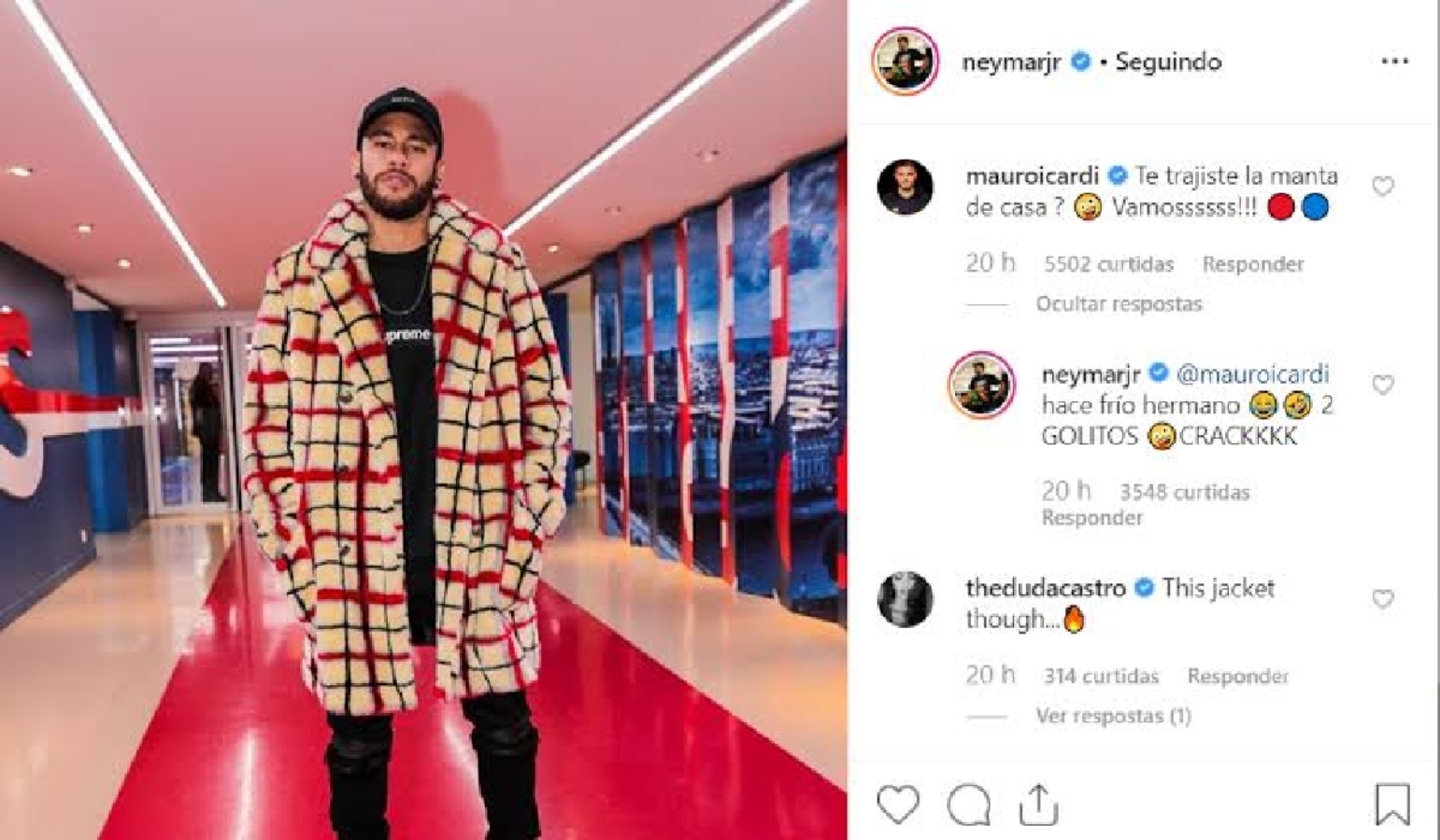 Neymar é zoado por Icardi por look extravagante: “Trouxe cobertor de casa?”