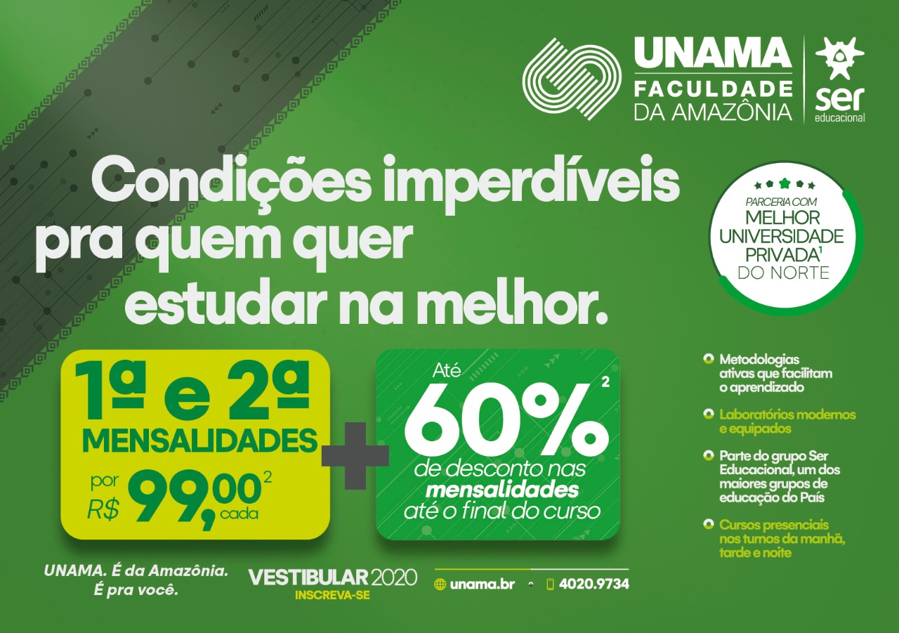 Unama: 1ª e 2ª mensalidades por R$ 99,00 cada + até 60% de desconto nas mensalidades