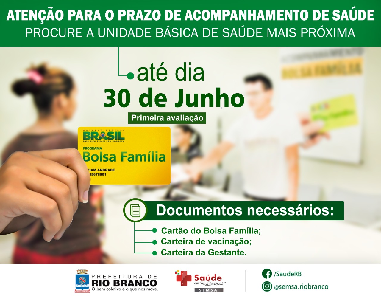 Mais de 41 mil beneficiários do Bolsa Família na Capital têm até 30 de junho para fazer avaliação em saúde