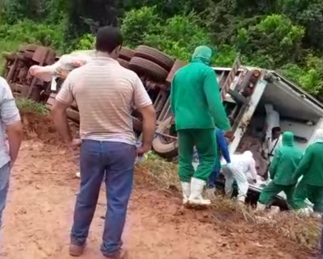 Motorista de frigorífico acreano perde controle de caminhão e tomba na BR-317