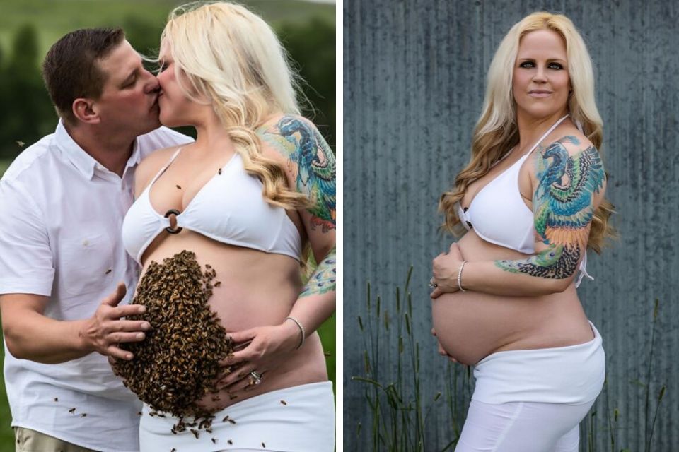 Gestante posta ensaio com 10 mil abelhas sobre a barriga e gera polêmica
