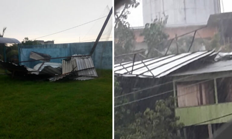 Ventania com temporal derruba torre, destelha casas e estádio em Cruzeiro do Sul