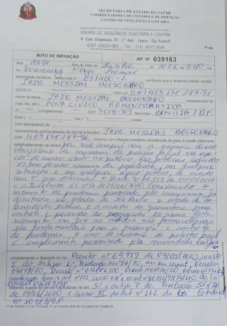 Doria multa Bolsonaro por andar sem máscara em ‘motociata’