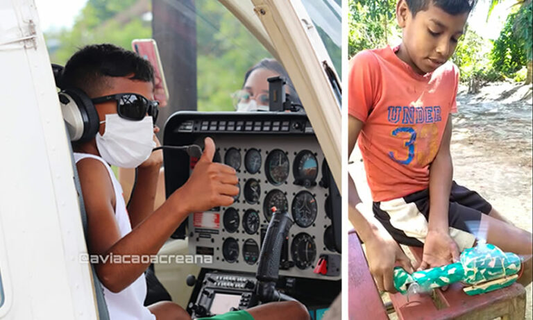 Menino 11 anos que criou helicóptero de madeira realiza sonho de voar em um de verdade no AC