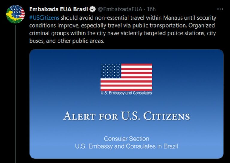 Embaixada dos Estados Unidos no Brasil alerta cidadãos a não viajarem para Manaus após ataques