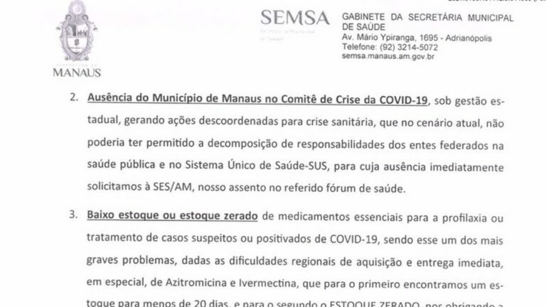 CPI da Covid: Em meio a colapso por falta de oxigênio, Manaus fez apelo por azitromicina e ivermectina ao Ministério da Saúde
