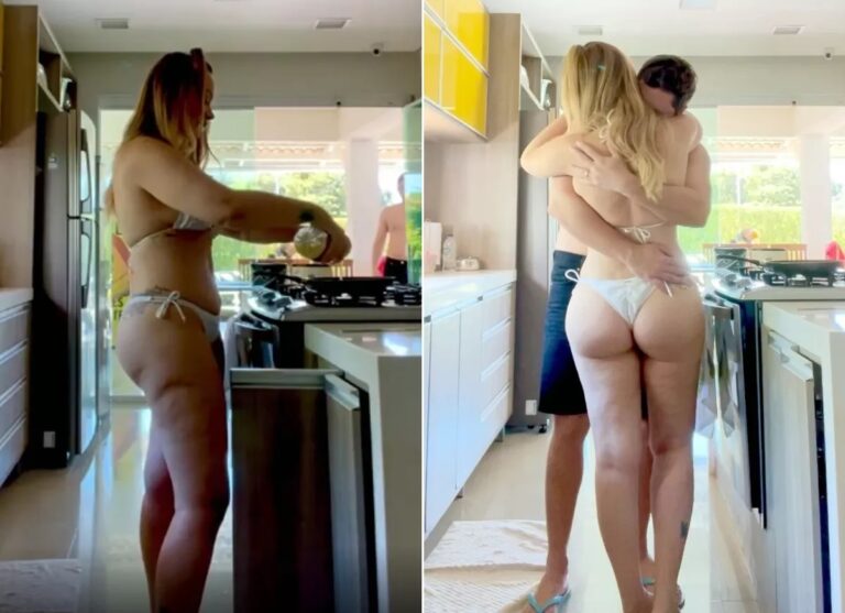 Solange Almeida posta cozinhando de biquíni e em chamego com marido