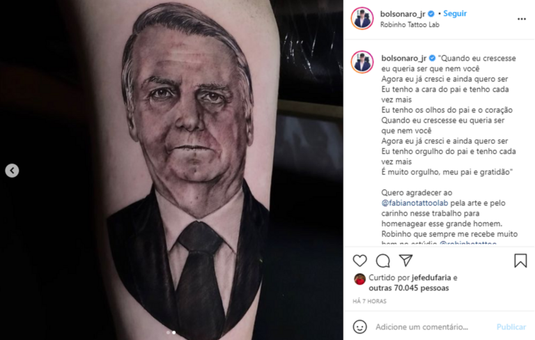 Jair Renan, o “Filho 04”, faz tatuagem com rosto do pai Bolsonaro