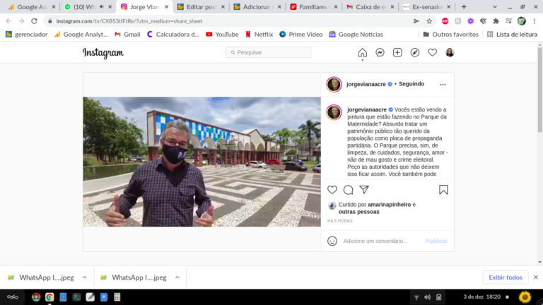 Idealizador do Parque da Maternidade, Jorge Viana critica novas cores