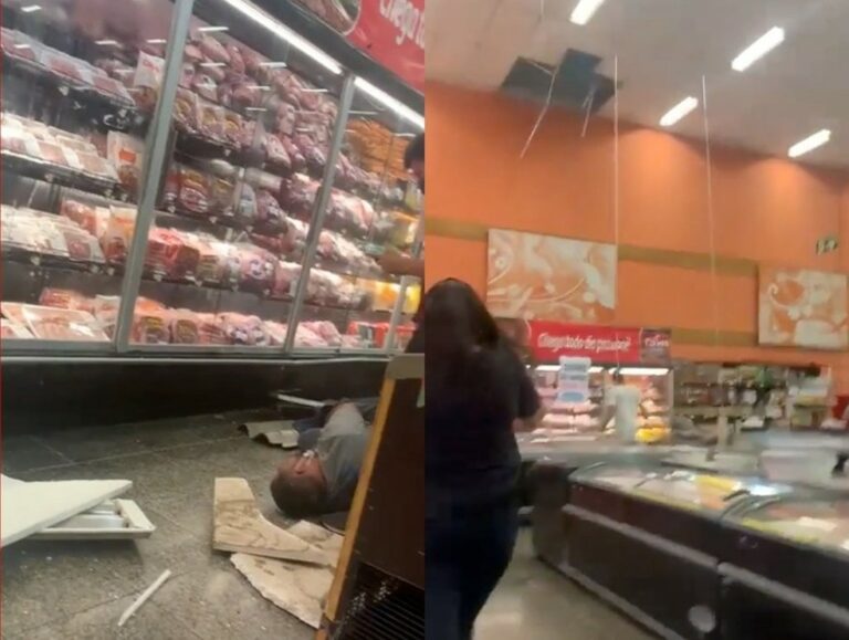 Trabalhador despenca de telhado de mercado; veja vídeo