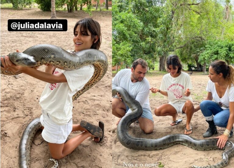 Atriz Julia Dalavia é clicada segurando sucuri gigante no Pantanal; veja fotos