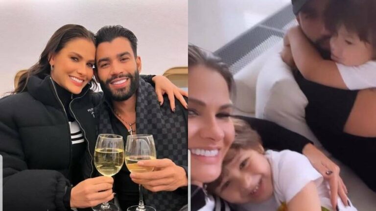 Gusttavo Lima e Andressa posam em jatinho e reencontram os filhos