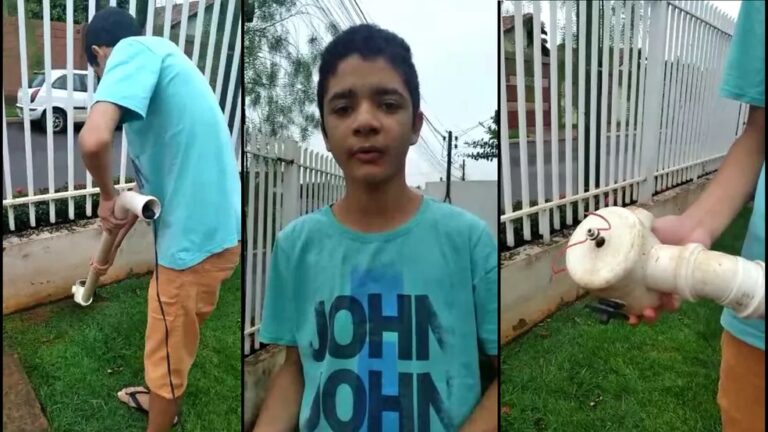 Garoto de 11 anos transforma motor de liquidificador pifado em cortador de grama