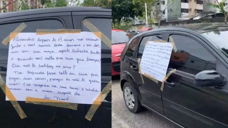 Mulher descobre traição e cola carta de término no carro do ex-companheiro