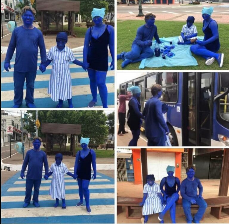Smurfs? Família se pinta de azul e posa para fotos sobre faixa de pedestres, em Rio Branco