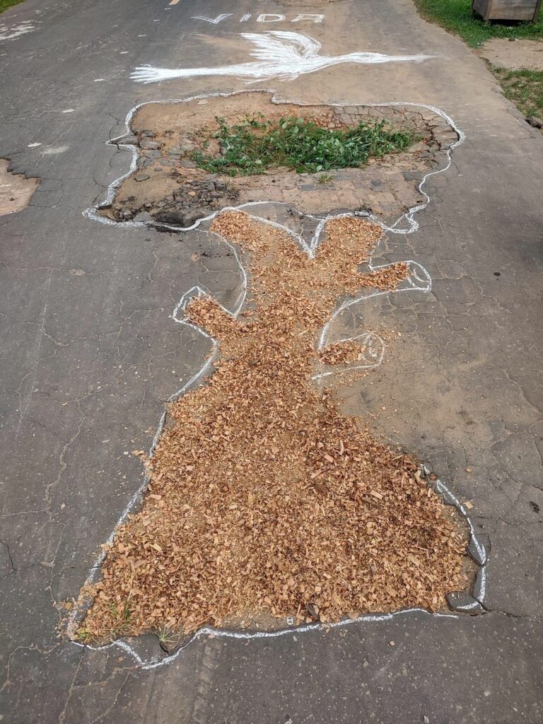 Moradores de Sena Madureira aproveitam buracos em rua para fazer desenhos do tapete de Corpus Christi