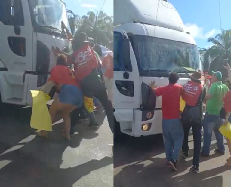 Pancadaria: Caminhão invade bloqueio feito por alunos da Ufac e quase atropela manifestantes; VÍDEO