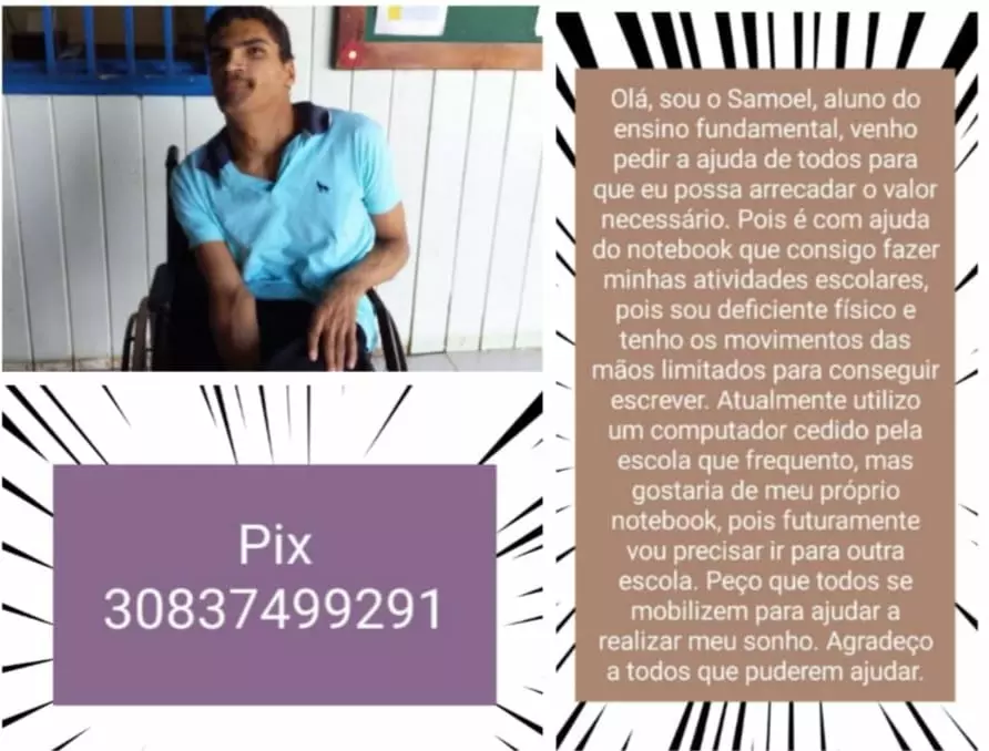 Sena Madureira: estudante com deficiência pede ajuda para comprar notebook