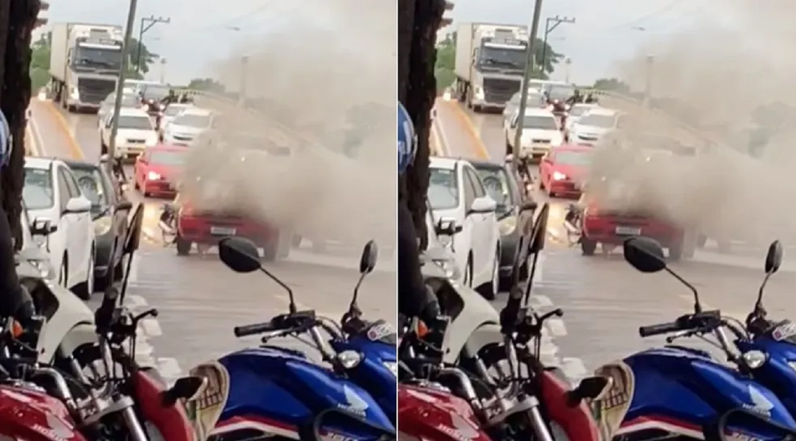 Carro fica destruído após pegar fogo na saída de ponte no Centro de Rio Branco