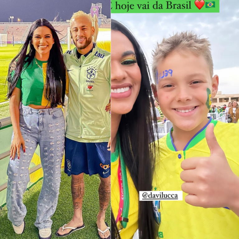 Acreana Jéssica Ingrede posa com Neymar e tieta filho Davi Lucca antes do jogo do Brasil