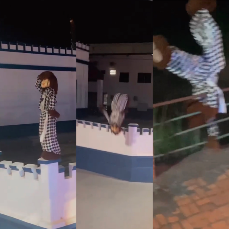 Vídeo: Fofão da ‘Carreta da Alegria’ sobe em muro do quartel da PM do Acre e dá salto mortal