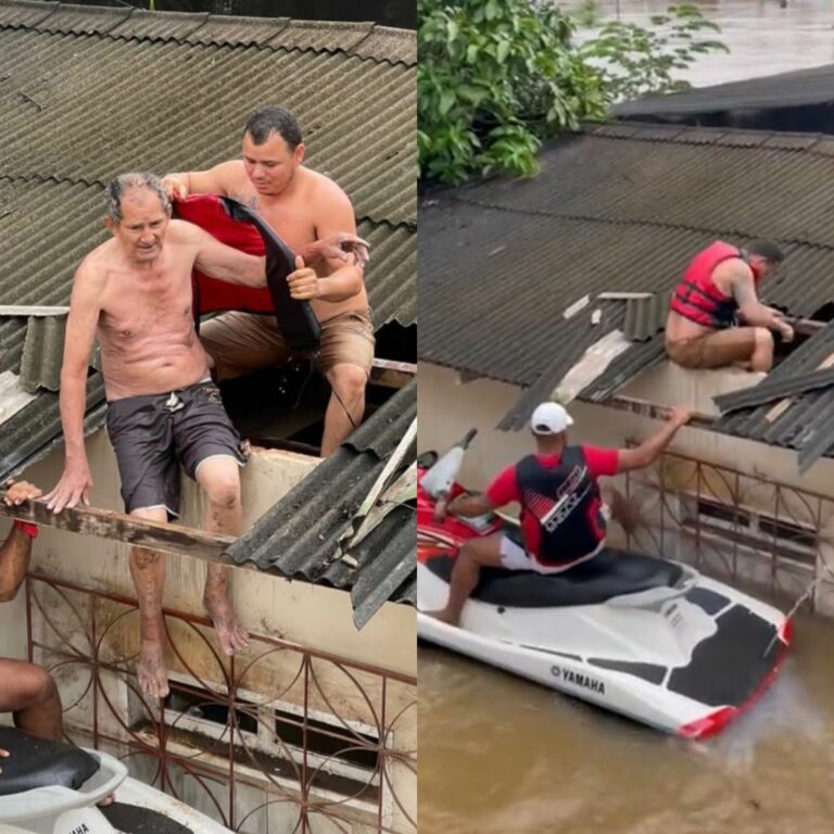 Idoso precisa ser resgatado às pressas pelo telhado após ter casa inundada em Rio Branco