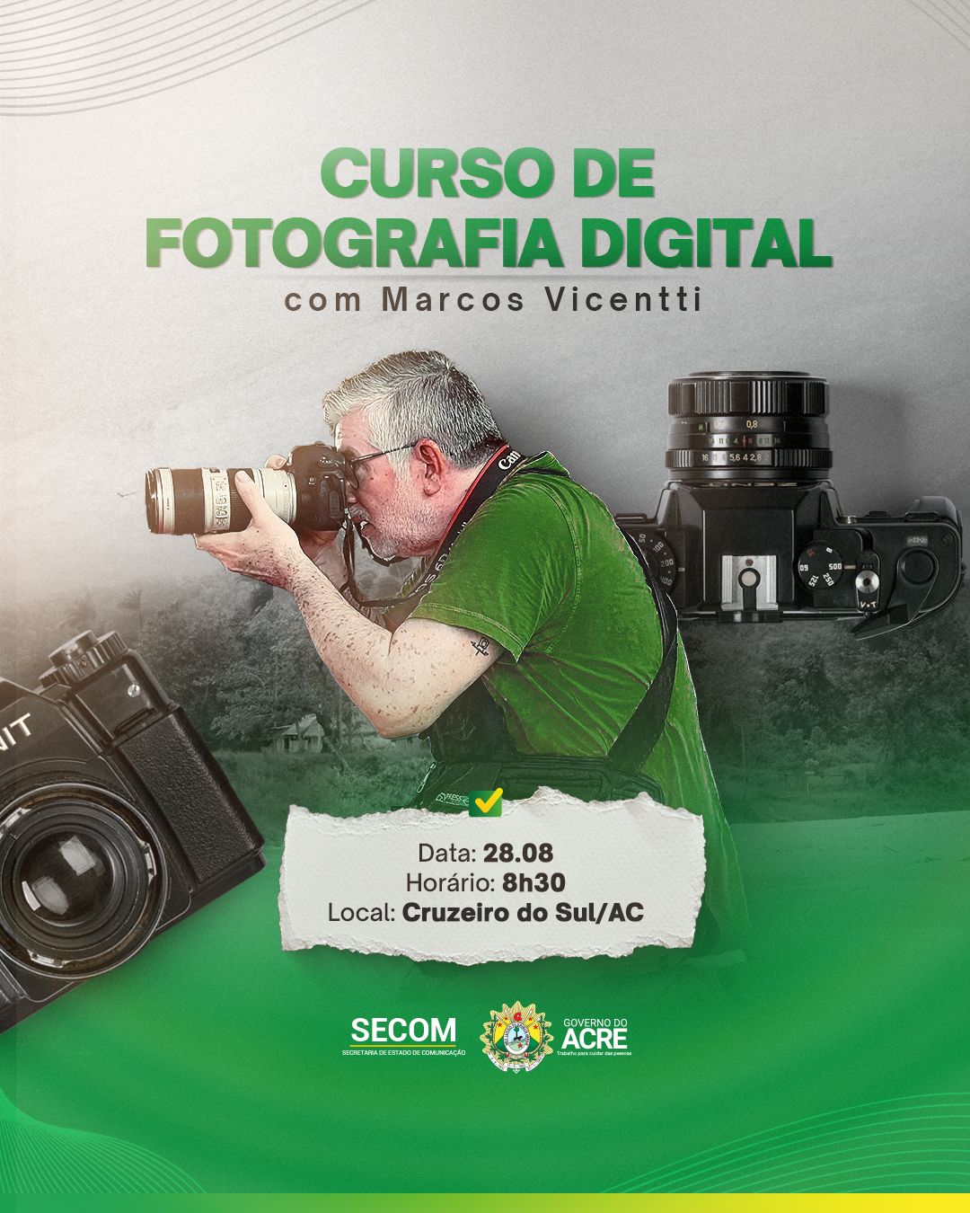Com 50 vagas, governo promove curso de fotografia para profissionais da comunicação do Juruá