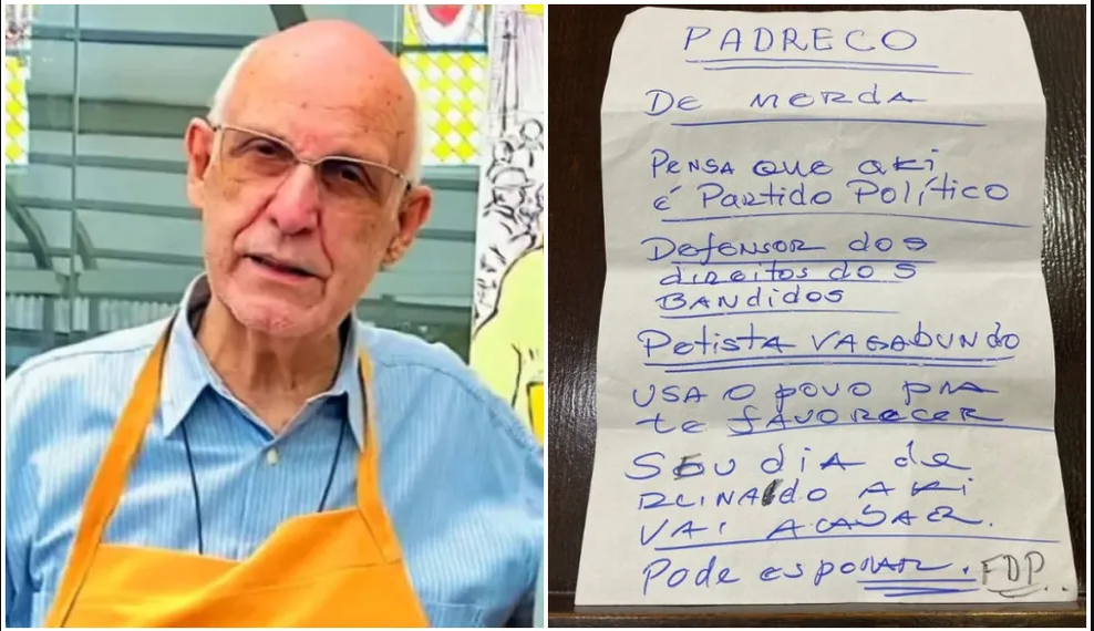 Padre Júlio Lancellotti recebe bilhete com ameaça: ‘seu dia de reinado aqui vai acabar’