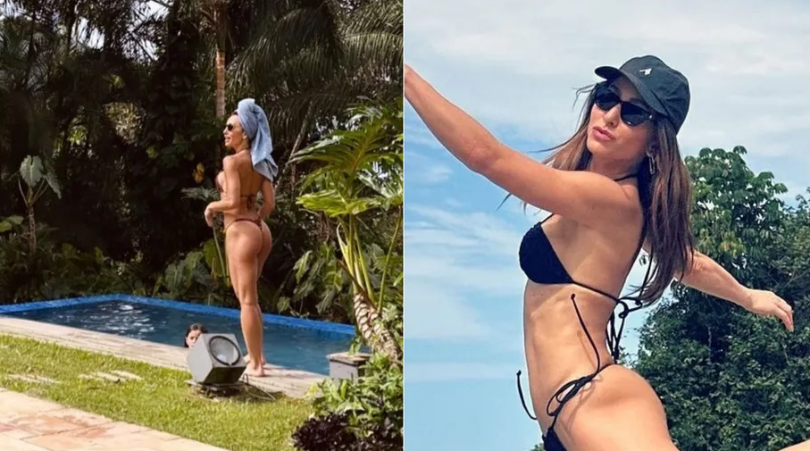 Sabrina Sato renova bronzeado em biquíni fio dental durante folga com família