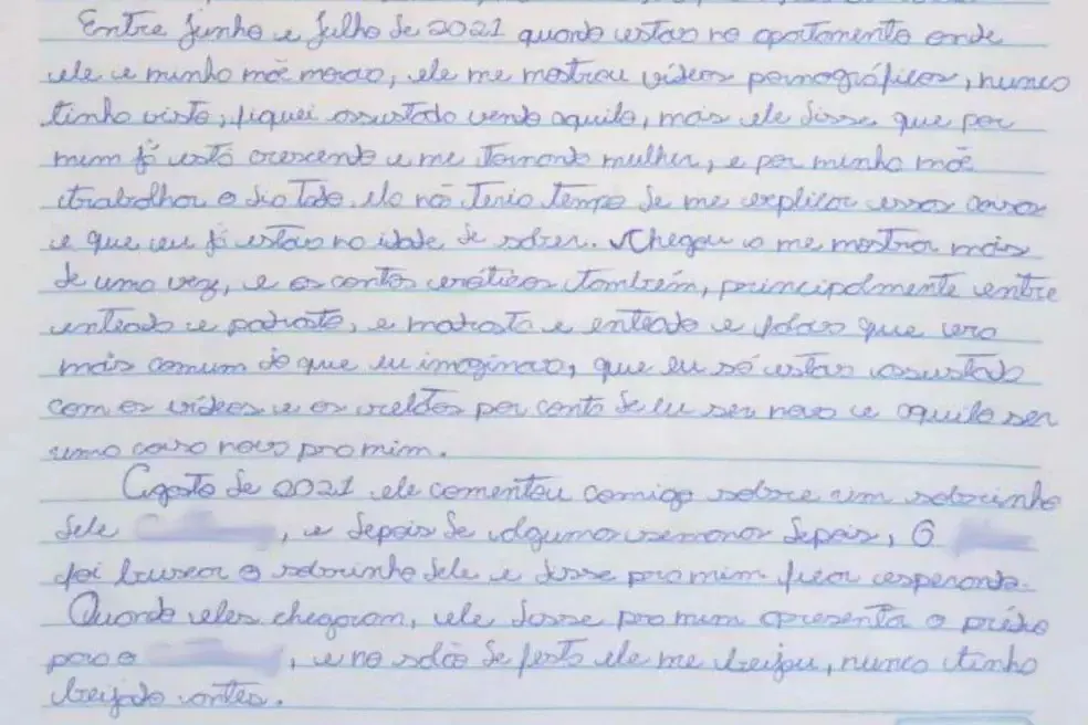 Estupro e injeção de anabolizantes: menor denuncia padrasto em carta