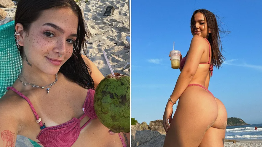 De biquíni, Mel Maia se refresca e curte praia com as amigas