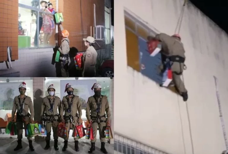 Bombeiros fazer rapel para entregar presentes de Natal em hospital