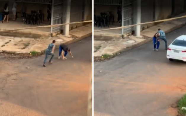 Homens trocam socos e rolam no meio de rua, mas terminam briga com abraço em Goiânia