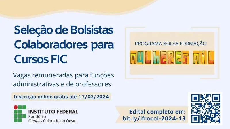IFRO seleciona colaboradores bolsistas para cursos do Programa Mulheres Mil
