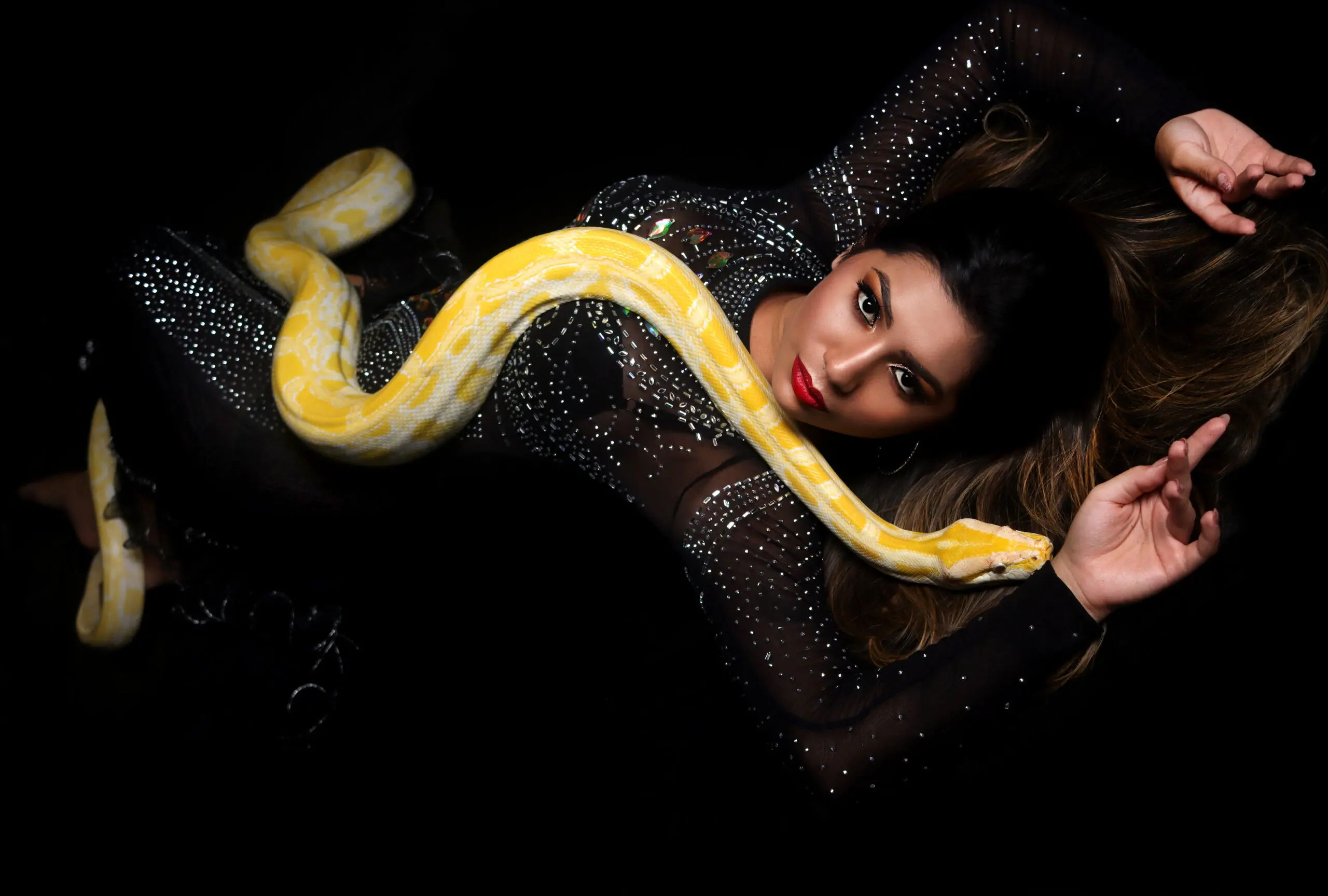 Dançarina acreana chama atenção da web ao fazer ensaio com cobra enrolada no pescoço; FOTOS