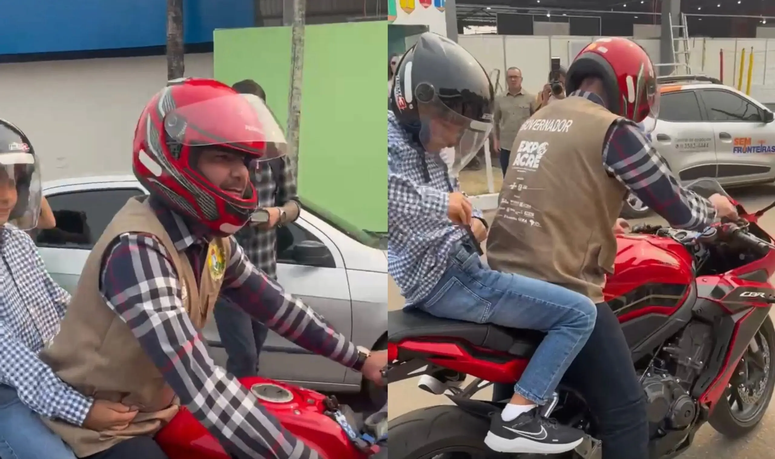 VÍDEO: Gladson chega de moto com o filho na garupa para abrir oficialmente a Expoacre 2024