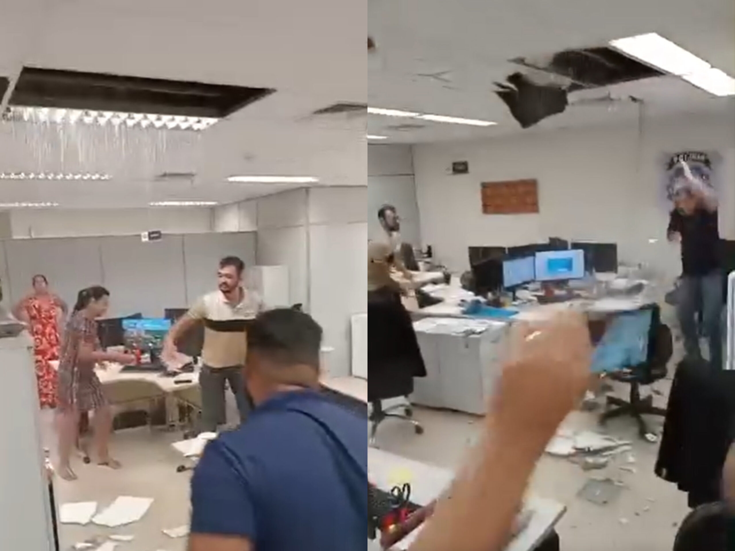 VÍDEO: temporal derruba parte do forro de prédio do Iapen e servidores entram em desespero