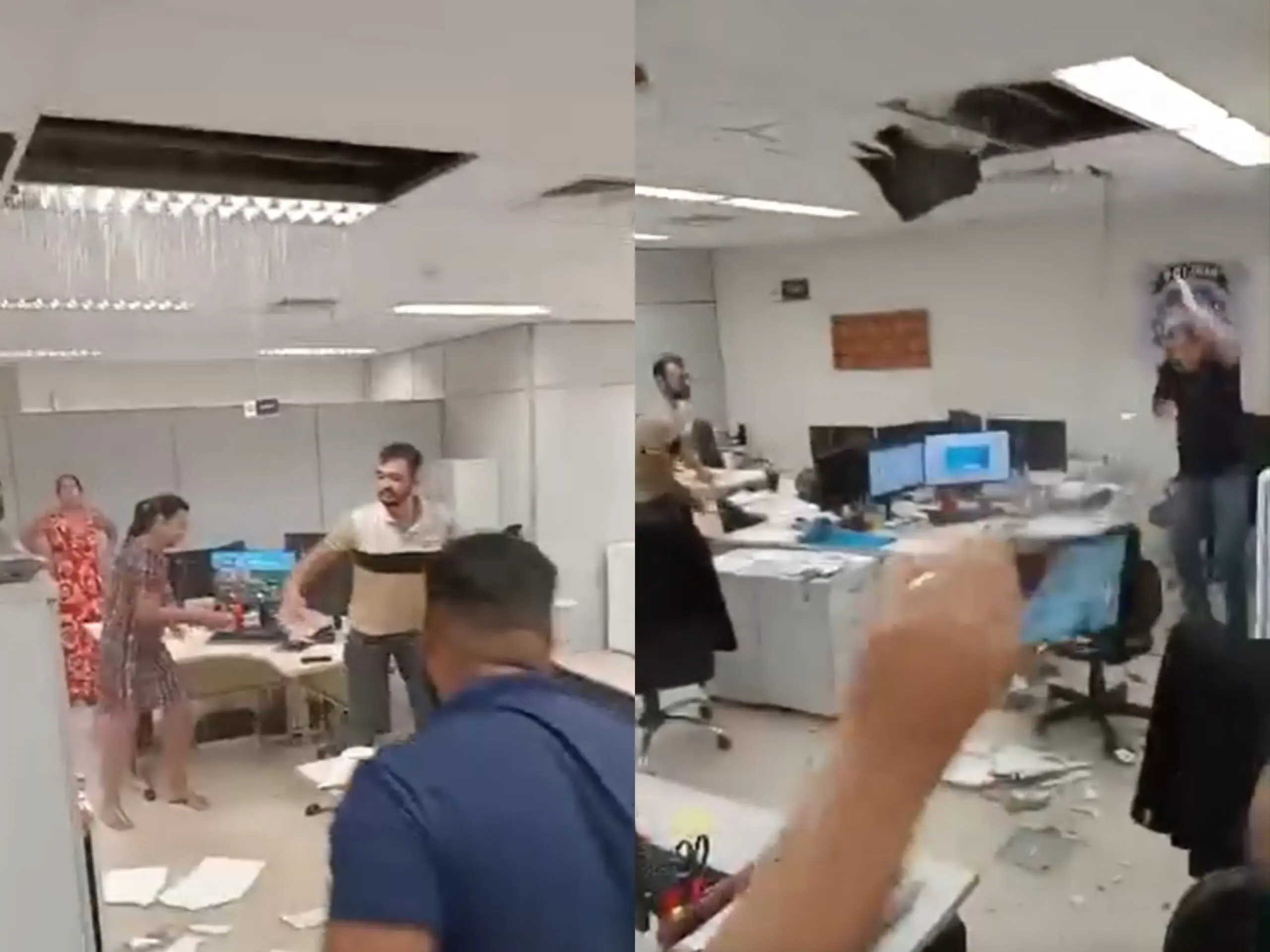 VÍDEO: temporal derruba parte do forro de prédio do Iapen e servidores entram em desespero
