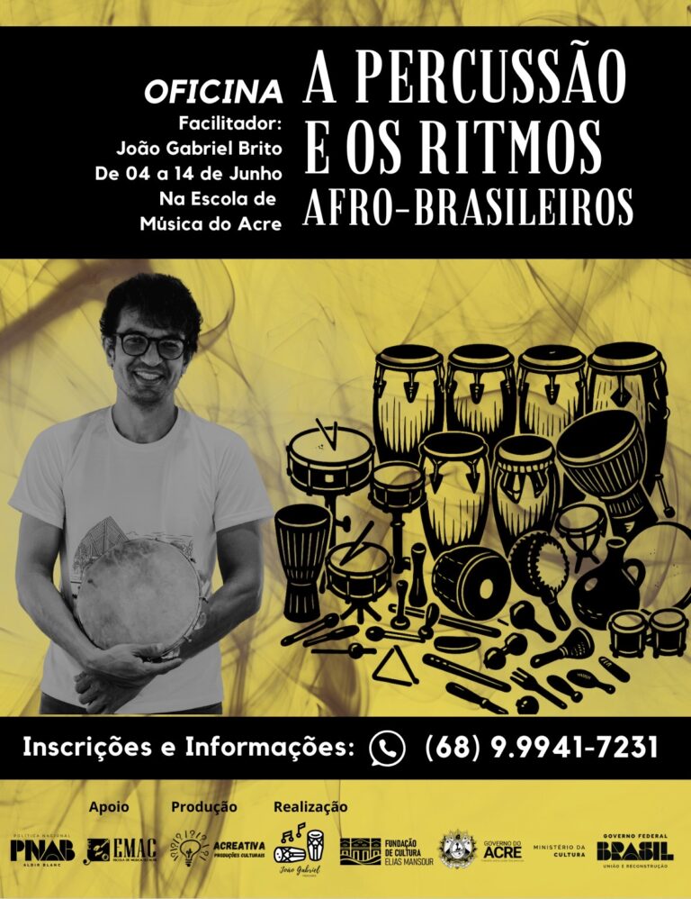 Oficina de Percussão com foco em ritmos afro-brasileiros ocorre gratuitamente no próximo mês em Rio Branco