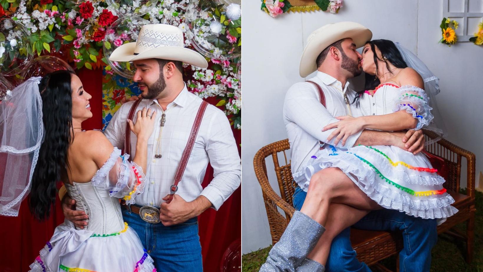 Juh Vellegas faz festa de noivado com direito a quadrilha junina: ‘Atenção roça, os noivos chegaram!’