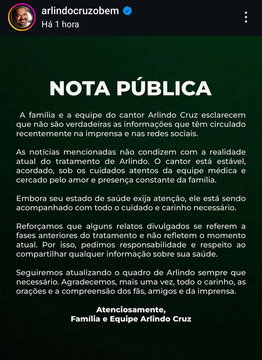Família de Arlindo Cruz desmente rumores sobre estado de saúde do cantor: “Está estável”